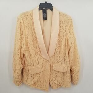 Metaphor Vintage peach jacket lace satin Ruched 3/4 Sleeve LARGE  1 Button Front